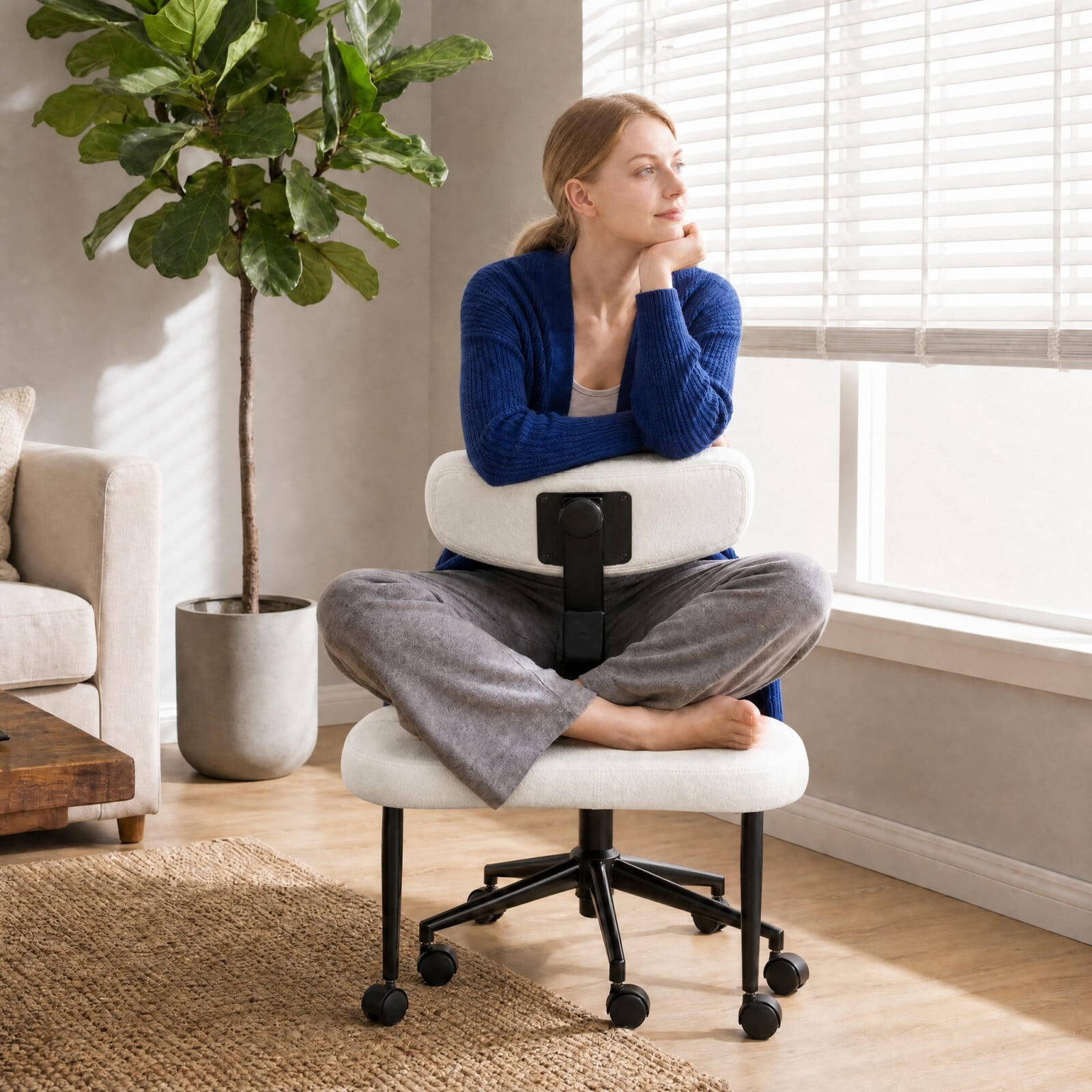 Kelno Cross Legged Meditation Chair with 360° Swivel Footrest Adjustable Backrest Ergonomic Teddy Fleece Office Chair, White