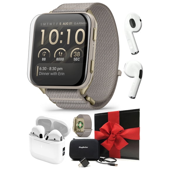 Garmin Venu X1 (Soft Gold/French Gray) Fitness GPS Smartwatch Gift Box Bundle with PlayBetter Wireless Earbuds, Wall Adapter & Hard Case