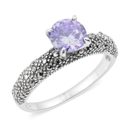 Sterling Silver Marcasite Filigree Ring - Womens 925 Sterling Silver Round Cubic Zircon CZ Lavendar Marcasite Statement Ring for Women Cttw 0.8