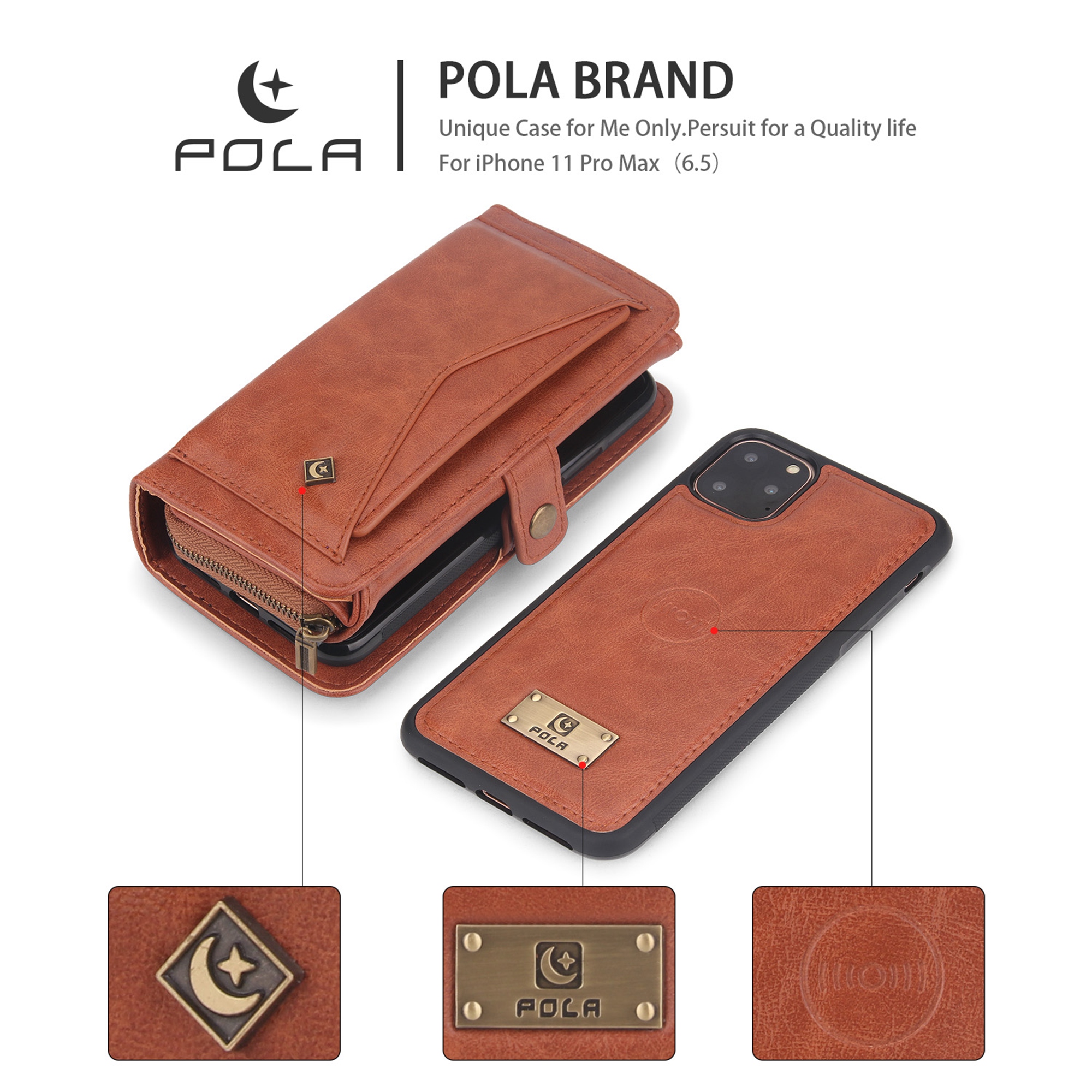 iPhone 11Pro 5.8 inch Wallet Case, Dteck 2 in 1 Leather Zipper Purse Multi-Function Tri-fold Wallet Case Detachable Magnetic Phone Cover with 14 Card Slots Money Pocket For iPhone 11 Pro,Brown - image 2 of 11