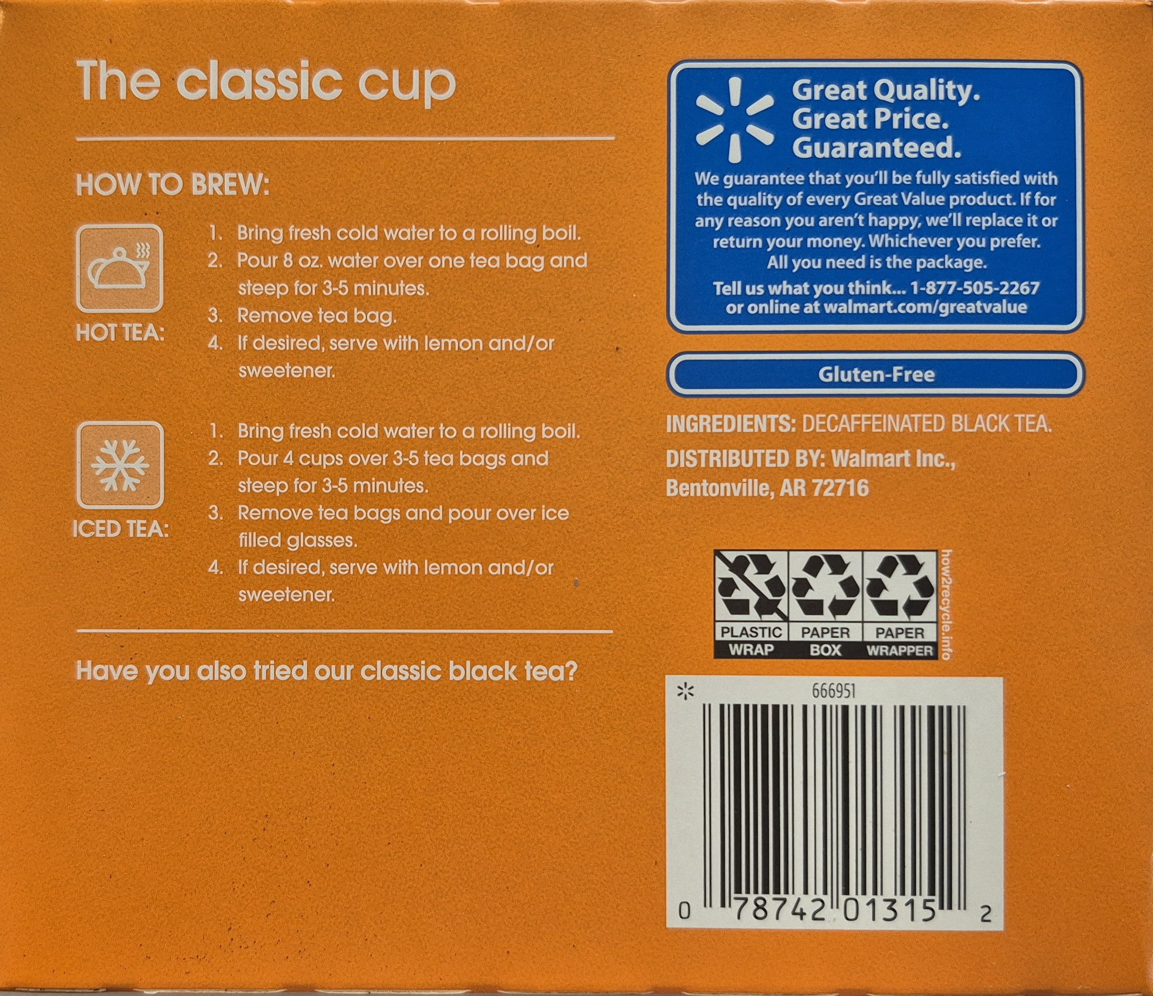 Great Value Decaffeinated Black Tea Bags, 3.23 oz, 50 Count