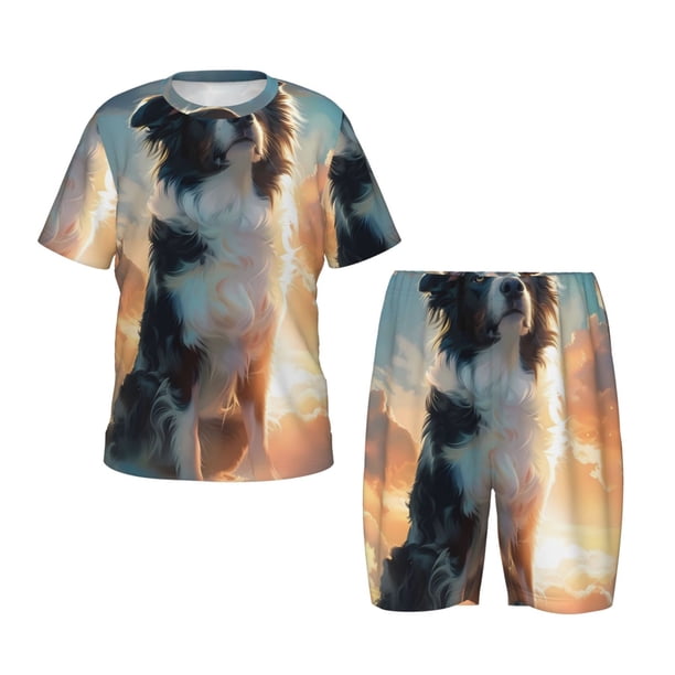 Balery Cloud Border Collie Conjunto de Pijama Infantil de Manga Corta con Estampado – Ropa de Dormir de Algodón Suave-Small