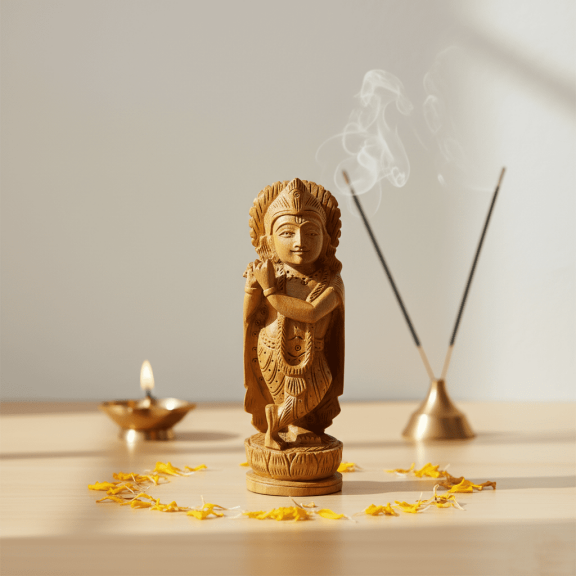 Exquisite Handcrafted Wooden Krishna Statue, 13 cm - Spiritual Decor, Brown Finish