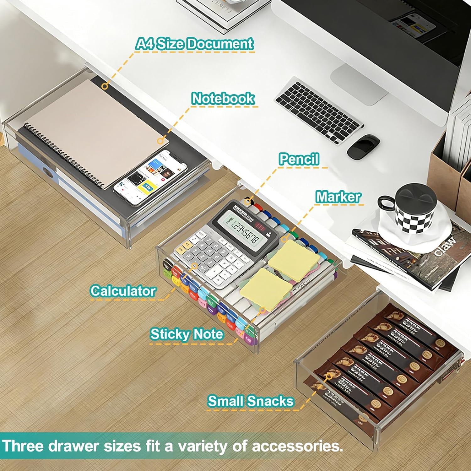 Under Desk Table Drawer Storage Organizer,3 Pack Small & Medium & Large Slide Out Desk Drawers - Hidden Desktop Organizer,Adhesive Storage Pencil Tray Under Table(Clear/LMS)