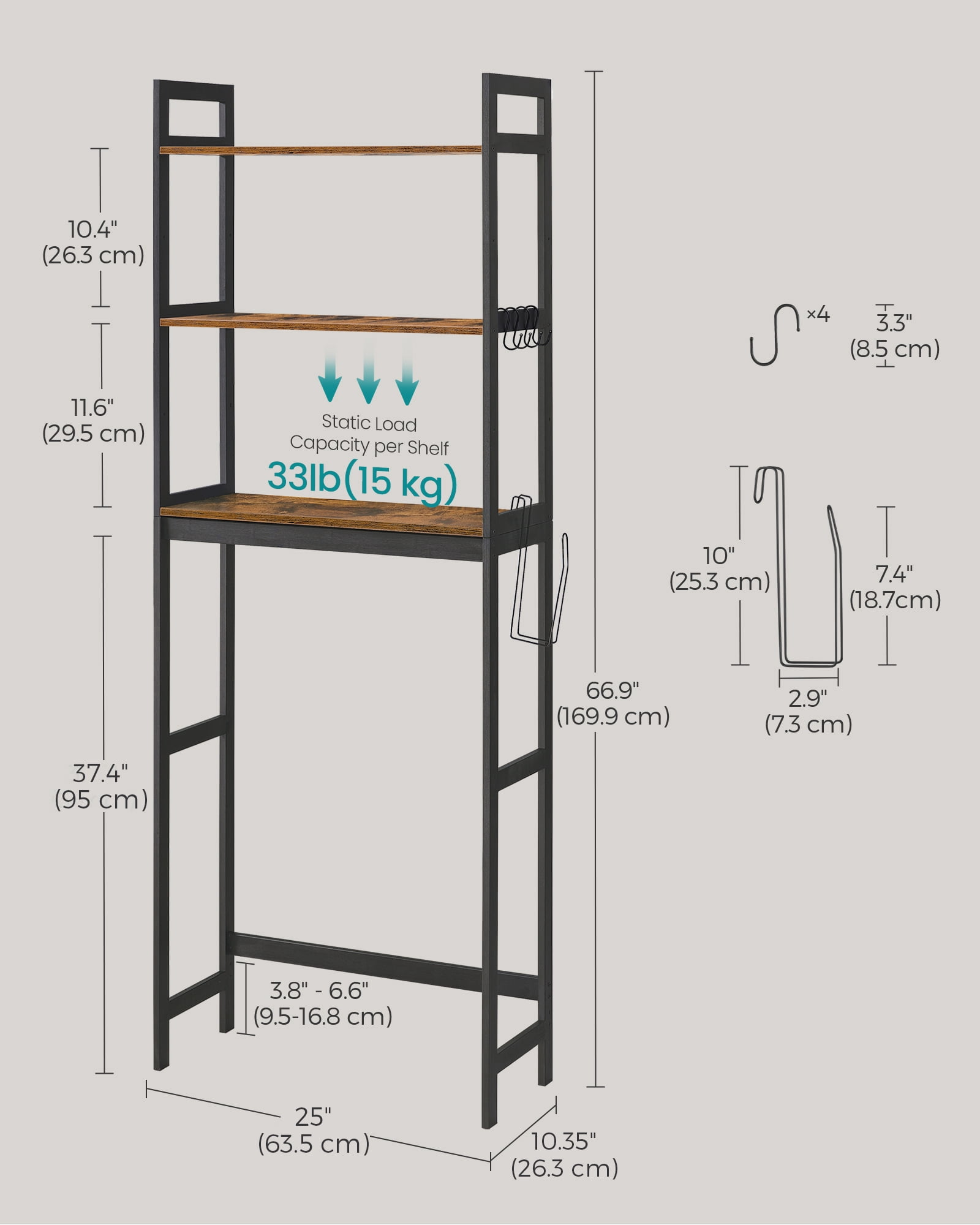 SONGMICS Over The Toilet Storage, 3-Tier Bathroom Organizer Over Toilet with Adjustable Shelves, Rustic Brown and Ink Black