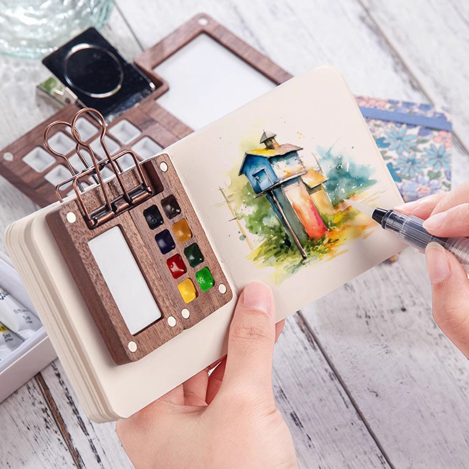 Mini Watercolor Travel Portable Pocket Artist Watercolor With Picture Book Wooden For Painters Artists And Students (15 Grids With 24 Color Paints) (5mlX24)