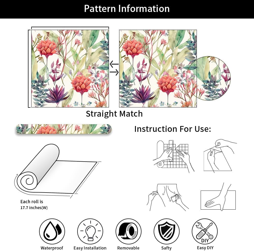 Watercolor Purple/Red/Green Grass Wildflower Floral Peel and Stick Wallpaper Wall Decor Self Adhesive Wall Paper Stick on Easy Peel Off Contact for Renter Apartment