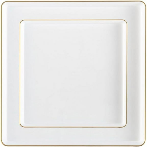 Combo Set 7.75" Dessert Plates and 10.75" inch Square White Plastic Plates with Gold Rim, Disposable China Like Party Plate, Heavy Duty Dinner Charger Plate, Salad, Wedding, Tableware (10)