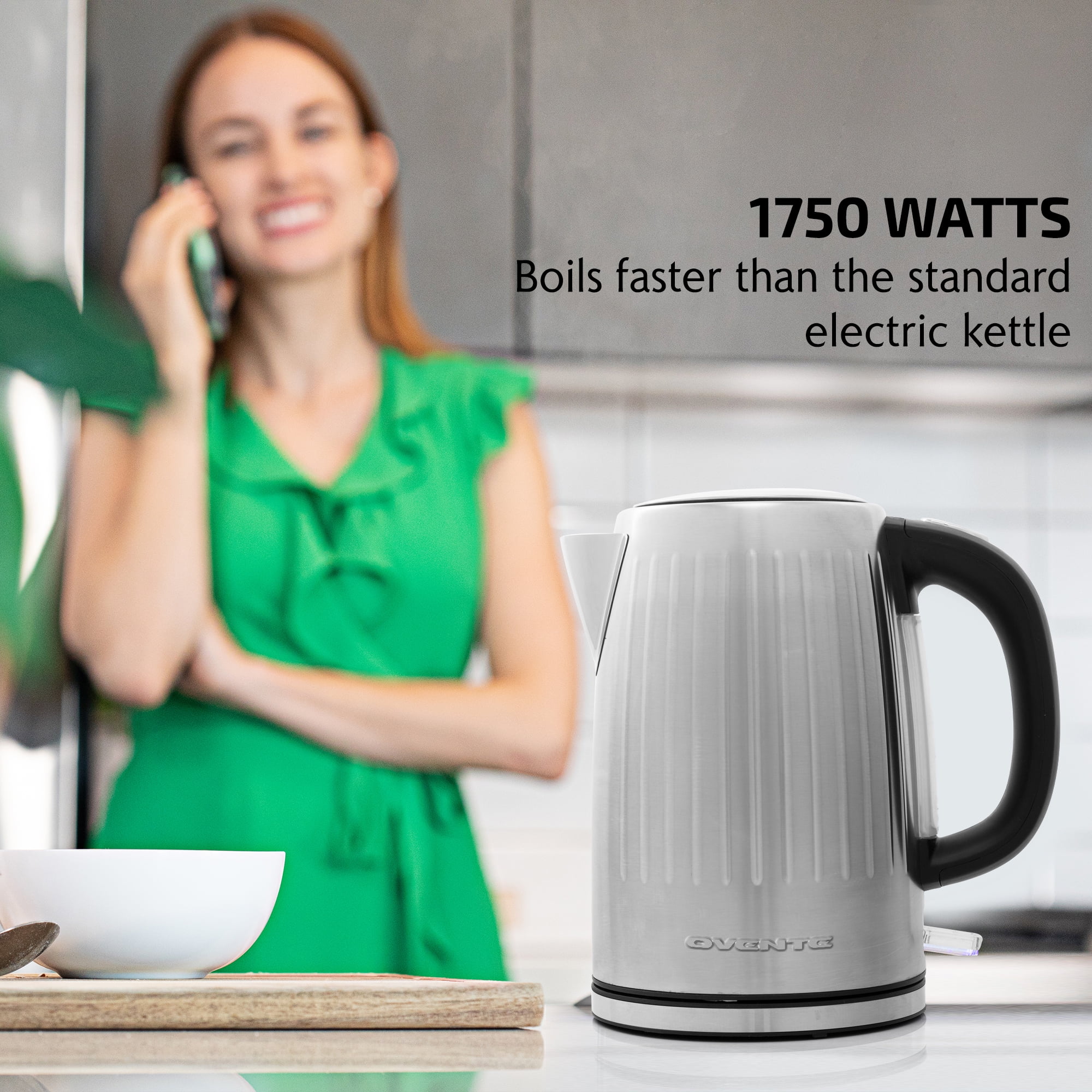 OVENTE Electric Kettle Stainless Steel Instant Hot Water Boiler BPA Free  1.7 Liter 1100 Watts Fast Boiling with Cordless Body and Automatic Shut Off  Safe and Perfect for Tea Coffee Milk, Silver