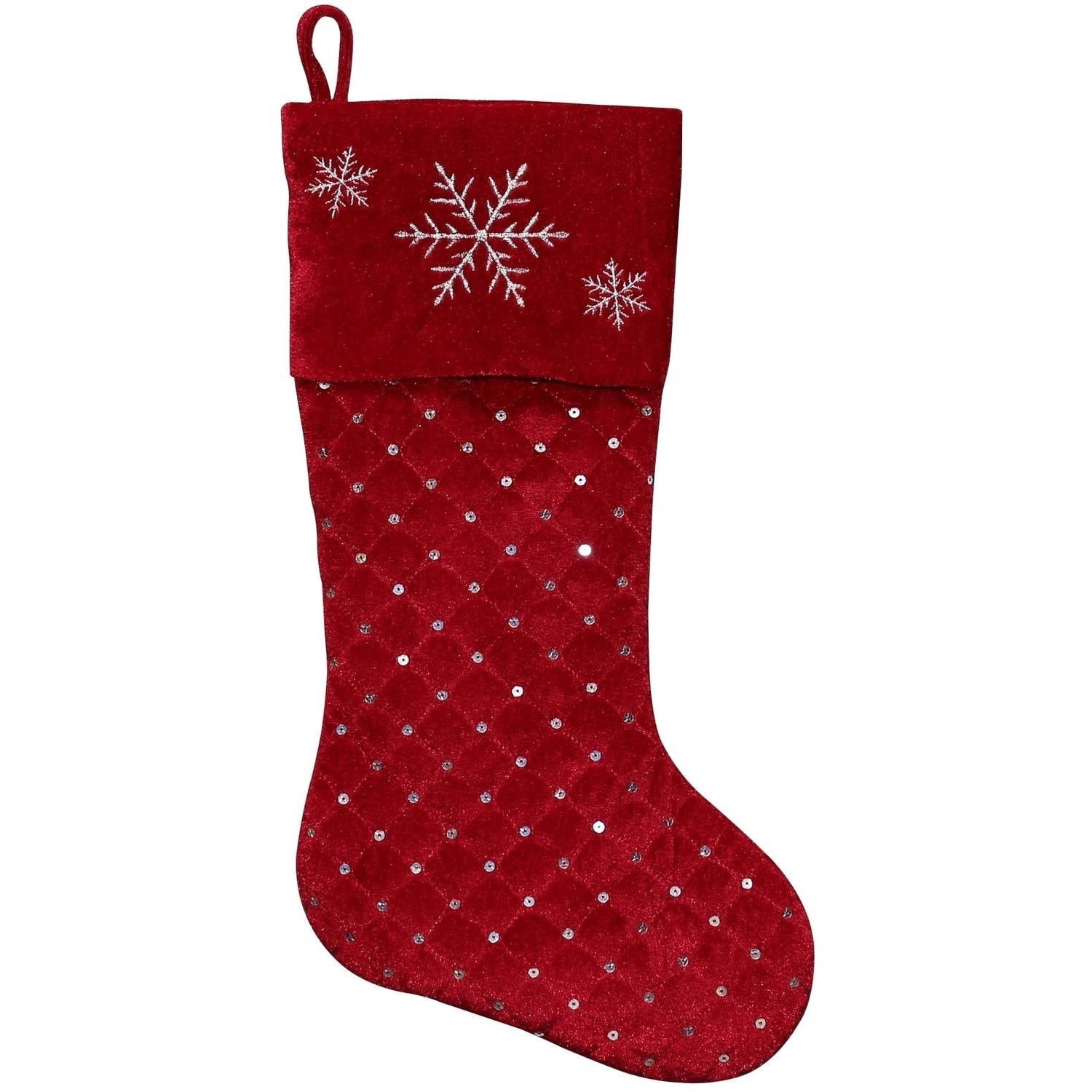 Red Velveteen Silver Sequin Embroidered Snowflake Christmas Stocking  NEW 