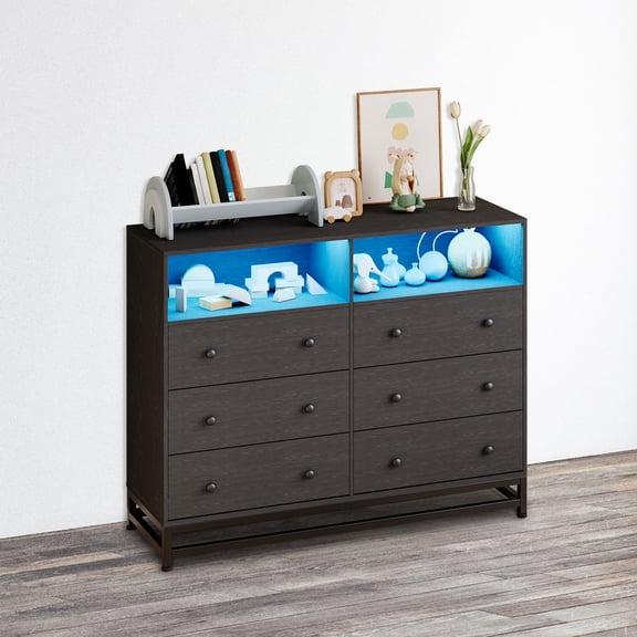 47 Inch Wide 6 Drawer Dresser for Bedroom with Open Storage Shelves, Modern Wood Chest of Drawers with Charging Station and LED Lighting, Black