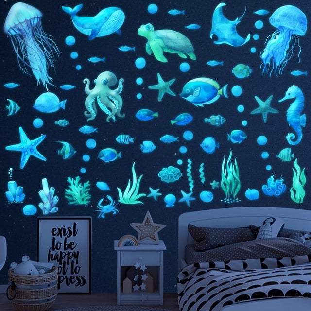 Calcomanías de Pared Impermeables de Peces del Océano que Brillan en la Oscuridad Sinekong