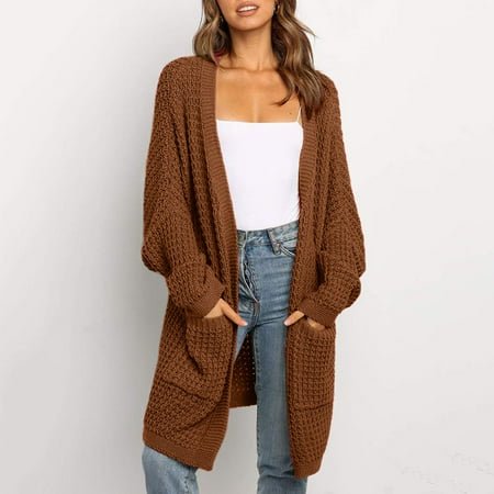 MKLEKYY Jackets for Women Winter Womens Boho Patchwork Cardigan Long Sleeve Open Front Knit Sweaters Coat Pockets