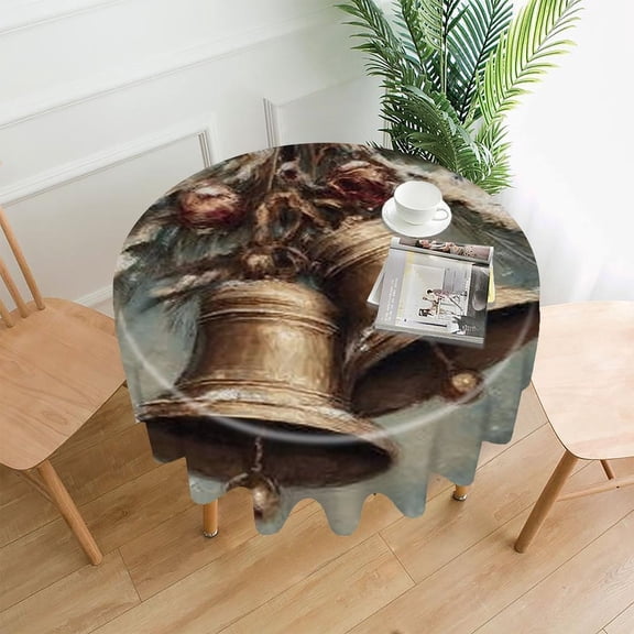 RKSupls 60 Inch Round Tablecloth, Christmas Bells Snow Premium Polyester Straight Edge Wrinkle Resistant Washable Table Cover for Party Home Dining Decor
