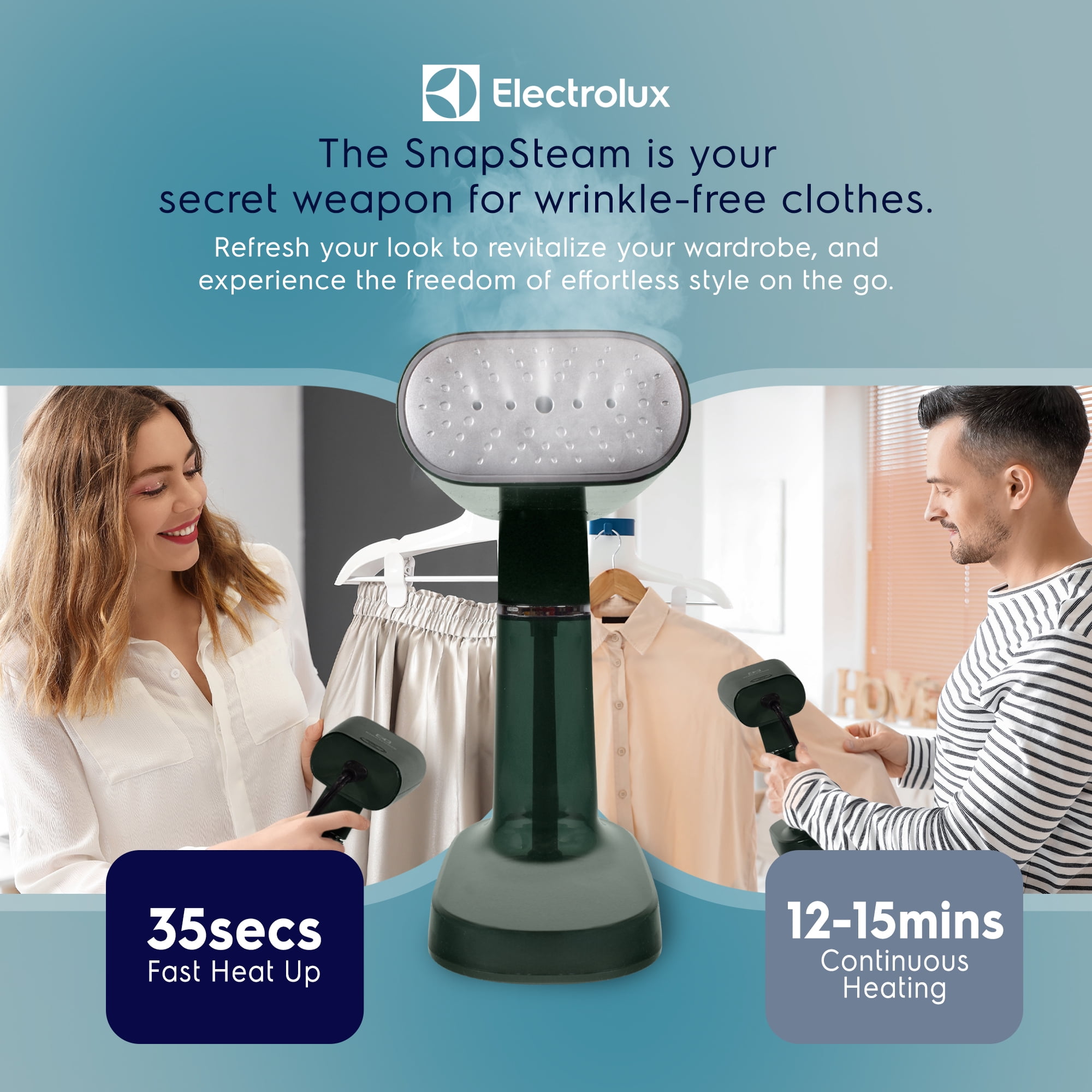 Electrolux Snap Steam Steamer, Portable Fabric Steamer & Wrinkle Remover, 1200W, Green