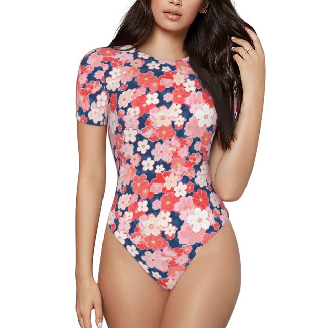 Balery Japanese Cherry Blossoms Body de cuello redondo de manga corta para mujer Tops de manga corta Tops básicos-X-Large