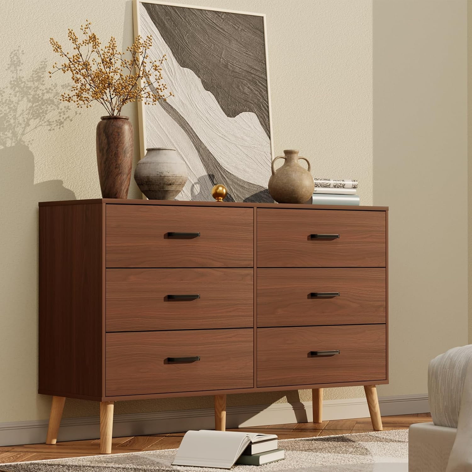 Meteorleg 6 Drawer Dresser for Bedroom, Wood Walnut Dresser with Wide Drawers and Metal Handles,Modern Dresser Chest for Bedroom,Living Room,Entryway