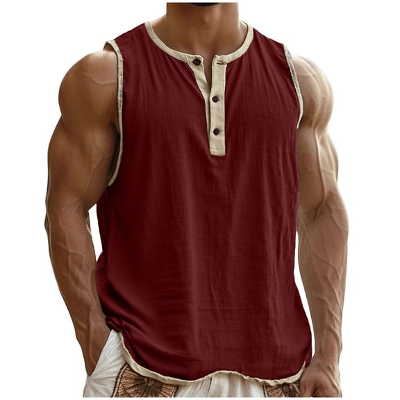 Cotton Linen Tank Tops for Mens - Sleeveless Colorblock Summer Workout Gym Slim Fit Henley Shirt Basic Tee