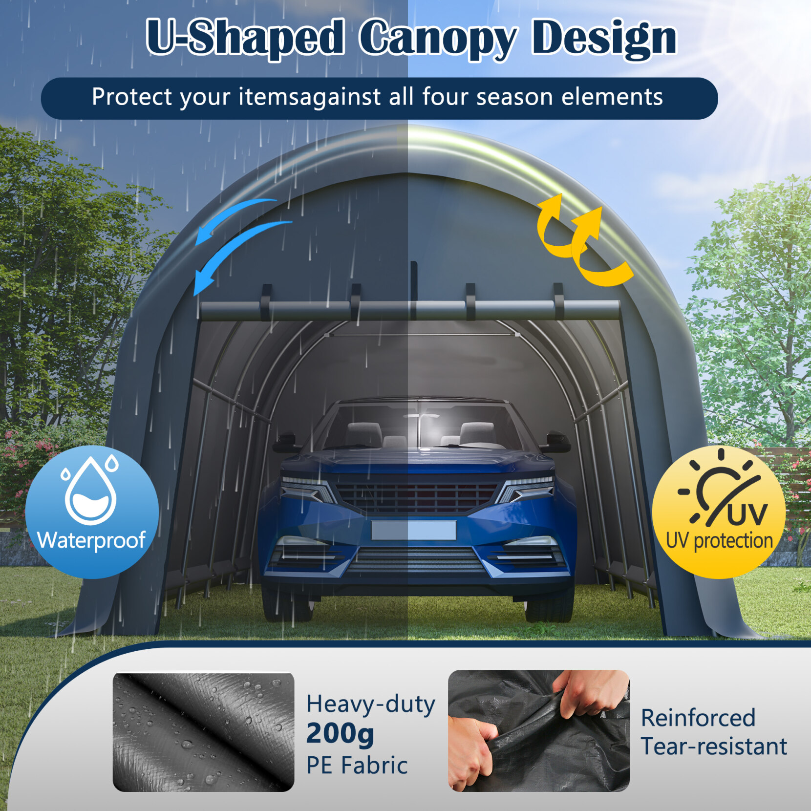 12x20 FT Heavy Duty Carport, Portable Garage Canopy with Steel Frame & Roll-Up Door, Round Style Outdoor Storage Shed for Car, Truck, Boat, Patio, Anti-Snow Waterproof, Grey
