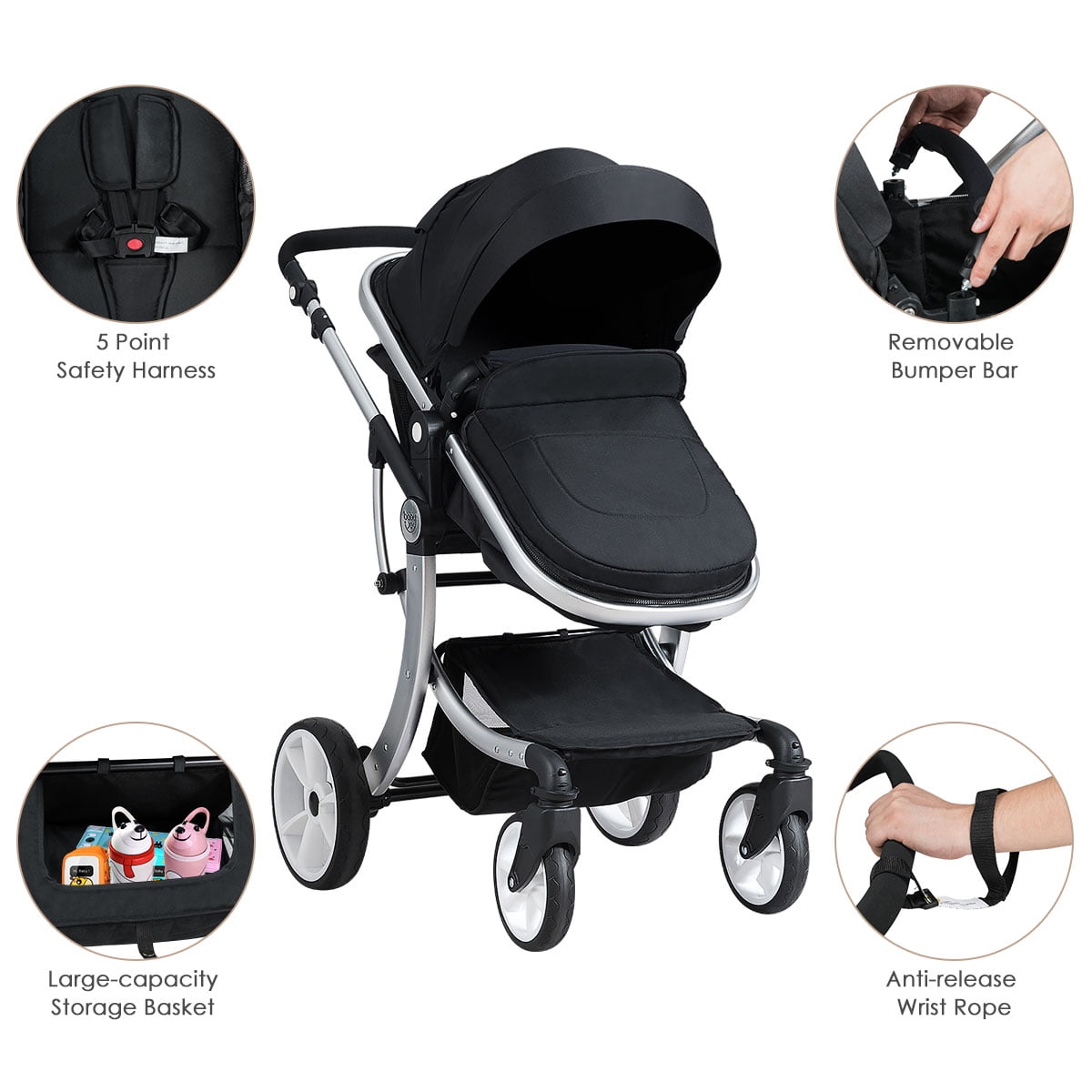 Infans Folding Aluminum Infant Reversible Baby Stroller W/ Diaper Bag Black