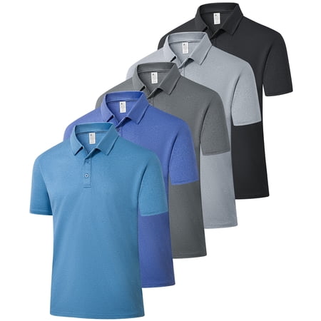 SPEEDRUN 5 Pack Mens Golf Shirts Fast Dry Performance Polo Shirt Short Sleeve Moisture Wicking Casual Workout Collared Shirt Black/Grey/Light Grey/Navy/Grey Blue XL
