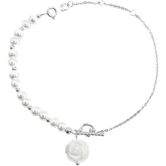 14K Gold Rose Flower Bracelet, Freshwater Pearl Bead Charm Bracelet, Romantic Jewelry Gift for Women