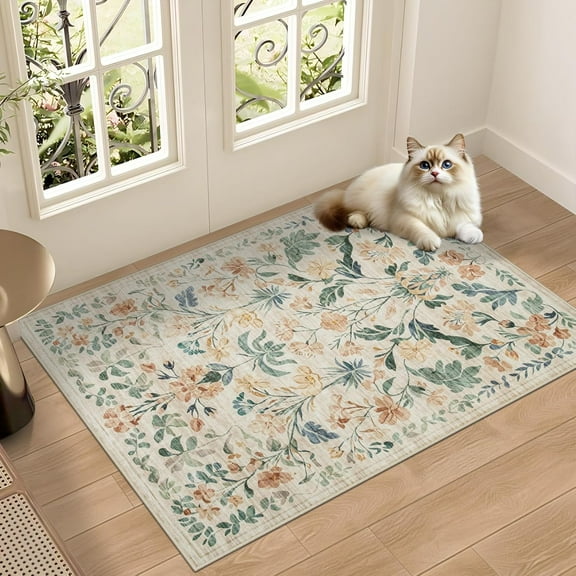 Machine Washable Area Rugs 2x3: Small Entryway Rug Soft Anti-Skid Thin Carpet Floral Indoor Door Mat Floor Neutral Carpets for Entrance Bedroom Kitchen Laundry Bathroom Beige