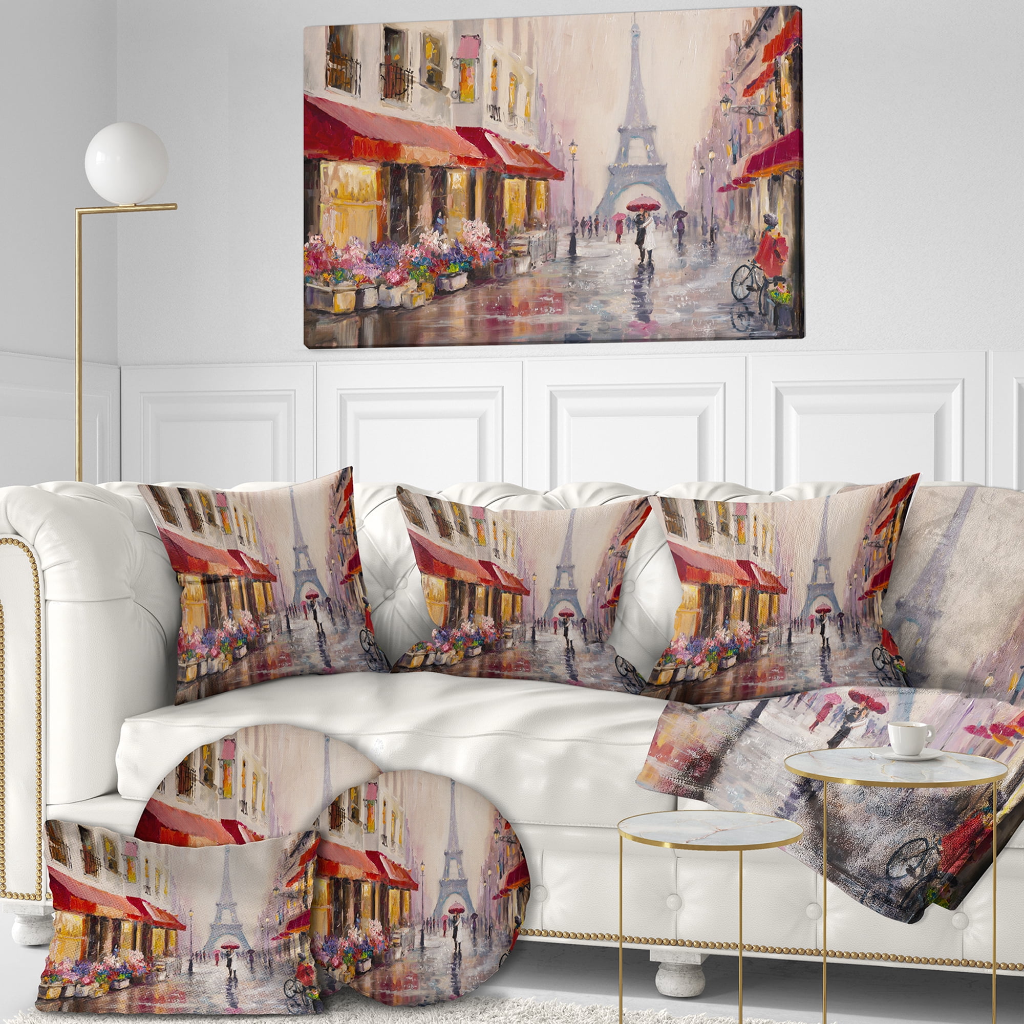 Designart 'Lovers in Paris Eiffel Tower ' Cityscapes Painting Print on Wrapped Canvas