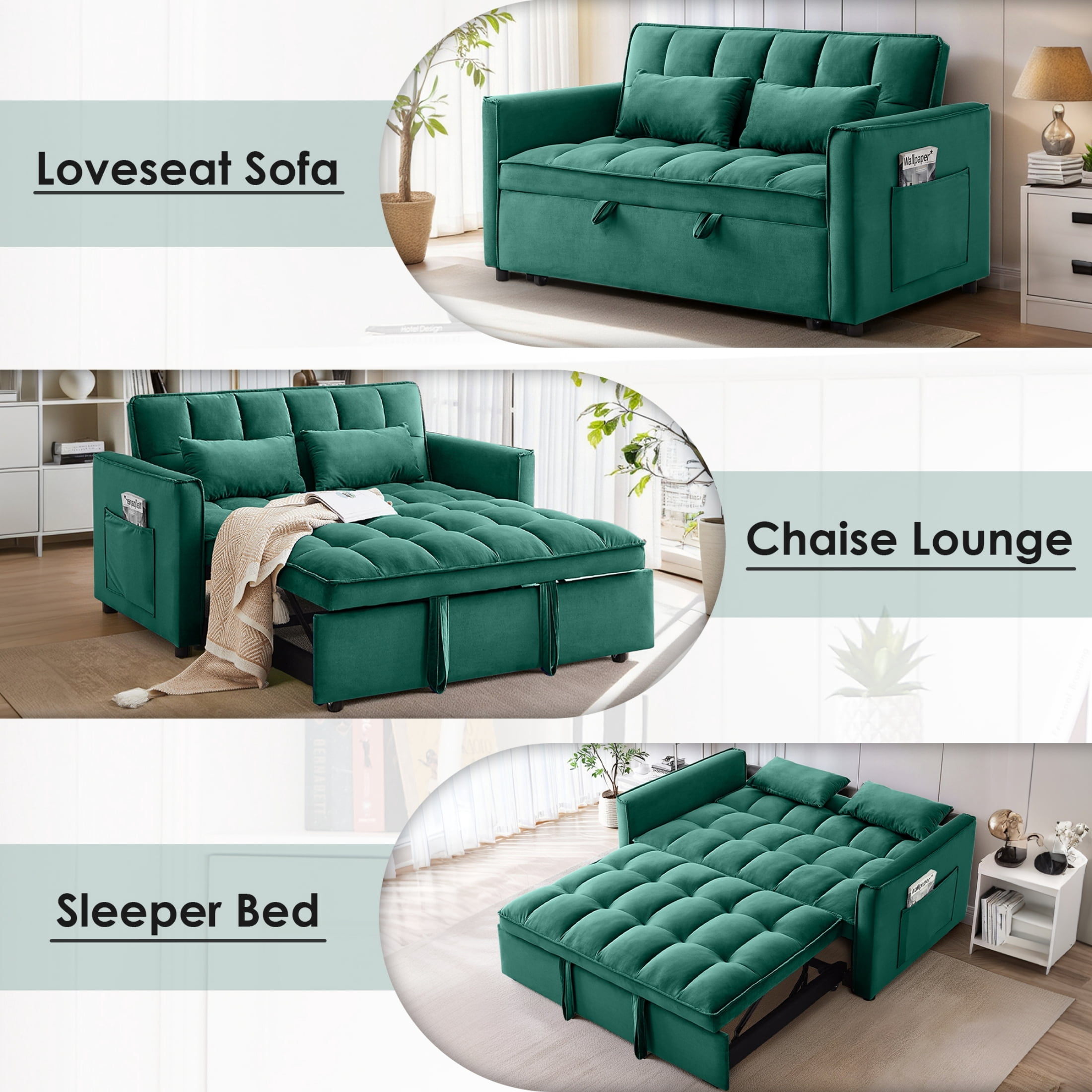 Anpport 3-in-1 Convertible Sleeper Sofa Bed, Pull-Out Loveseat Couch with Adjustable Back, Velvet Fabric, 55",Green