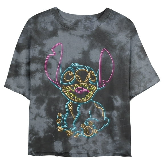 Junior's Lilo & Stitch Bright Neon Outline Graphic Crop T-Shirt Black/Charcoal Medium