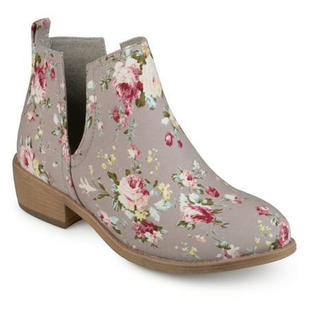 Brinley Co. Women's Floral Fabric Round Toe Stacked Heel Side Slit Booties