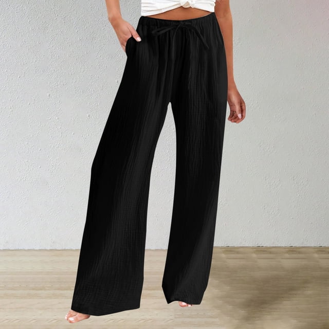 BEFOKA Womens Plus Size Pants,Summer Pants Clearance for Womens,Women Summer Solid Color Elastic Loose And Comfortable Casual Drawstring Straight Leg Pants