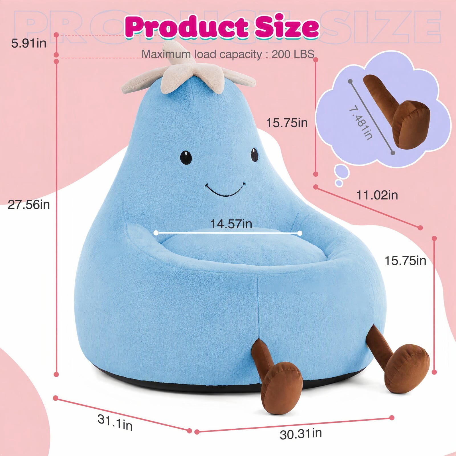 Kelno 31" Kids Bean Bag Chair Faux Rabbit Fur Lazy Chair Toddler Couch, Blue