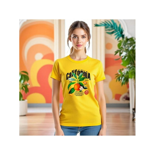 Playera Blusa De Naranjas Los Angeles California – Estilo Cítrico con Vibras del Oeste Color Amarillo Talla Grande Marca Emil SaEs