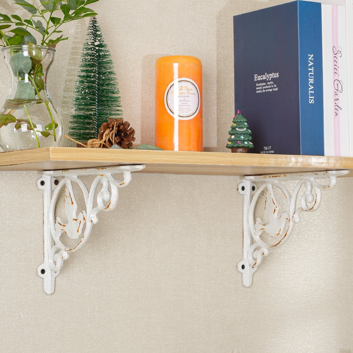 Sungmor 9.2 Inch Cast Iron Rustic White Brackets for Shelves, 2PC Vintage Decorative Angle Support Doorway Bracket, Shelves Corbels, Wall Mounted Floating Shelf Bracket