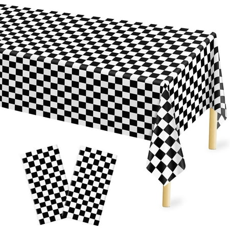 2 Pcs Checkered Tablecloth Plastic for Birthday Decor, 54 × 108 inches Disposable Black and White Checkered Table Covers for Baby Shower, Race Car Birthday Party Decorations
