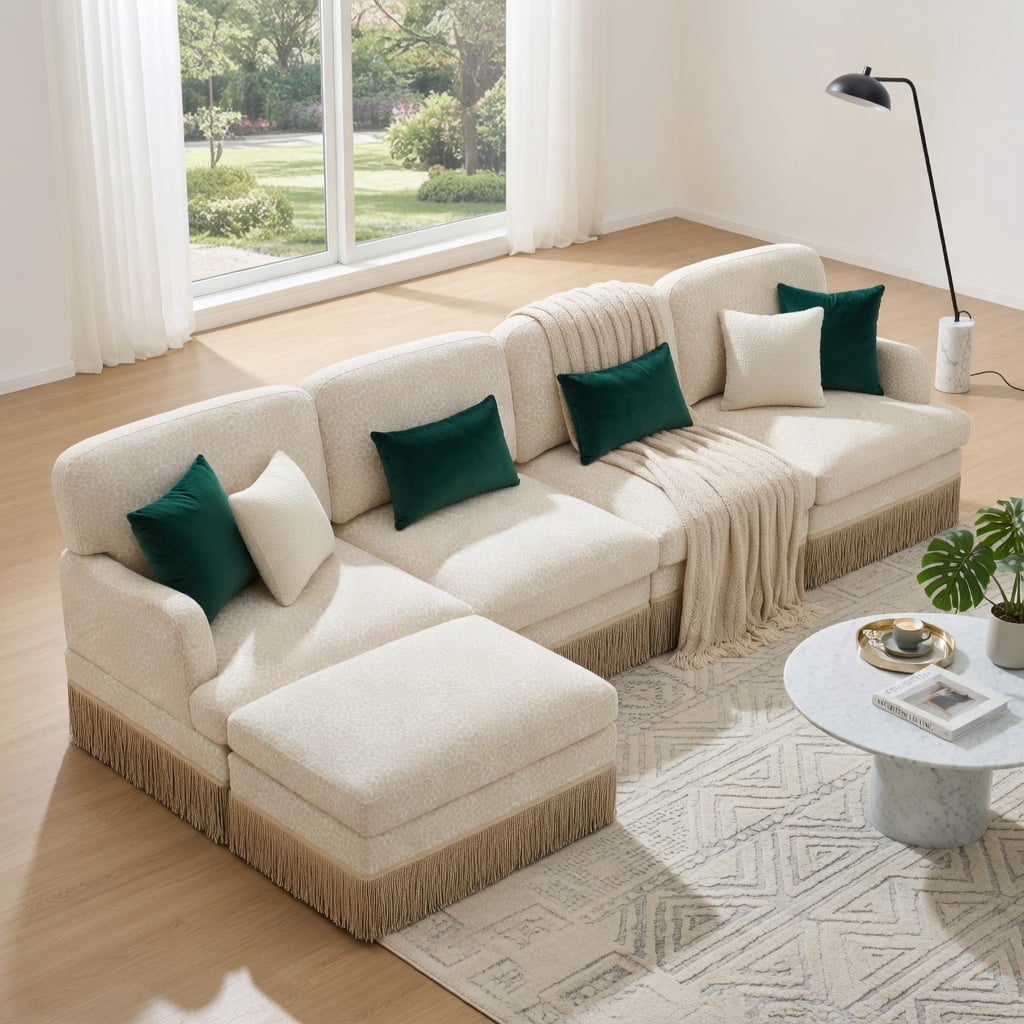 Hommoo 131" Leopard Print Chenille L-Shaped Sofa Set with Movable Ottoman, Tassel Trim & Ergonomic Deep Seat, Modern Living Room Sectional, Beige