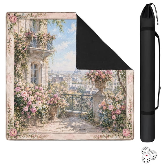 Mahjong Mat with Carrying Bag 31.5" x 31.5" Non-Slip Noise Reduction Pastel Paris Eiffel Roses (2) Table Mat for Mahjong Poker Dominoes Card Board Tile Games