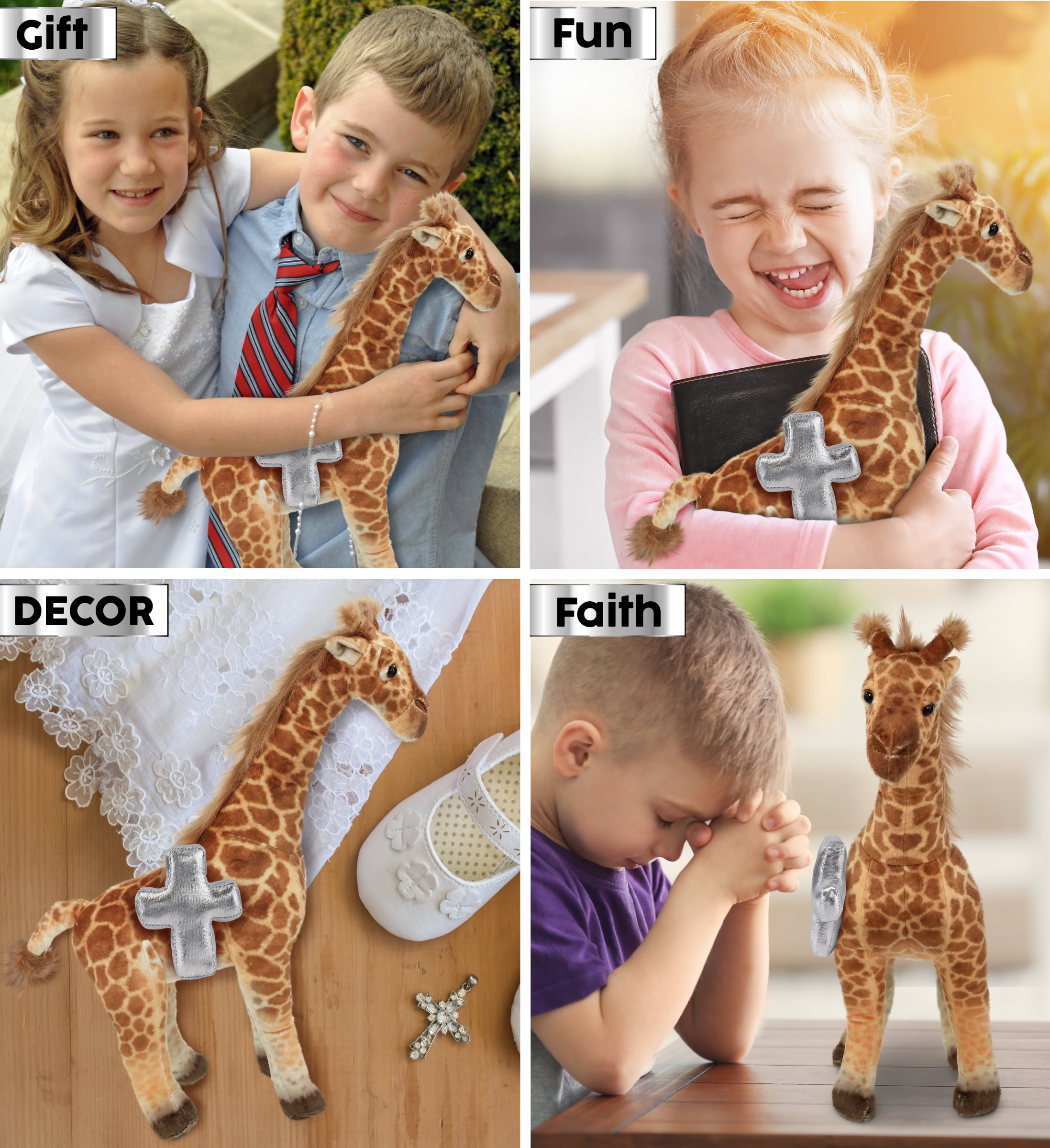 DolliBu Wild Collection Giraffe Stuffed Animal with Silver Cross Plush - Baptism Gifts for Boys and Girls, Dedication Christening Gifts Plush Prayer Toy Healing Stuffed Animal - 15 Inches