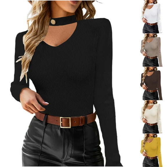 UVEASISHA Womens Halter Neck Tops V Neck Long Sleeve Ribbed Knit Shirts Slim Fit Going Out Cropped Top Fall Casual Streetwear Liquidación de tops para mujer Beige L