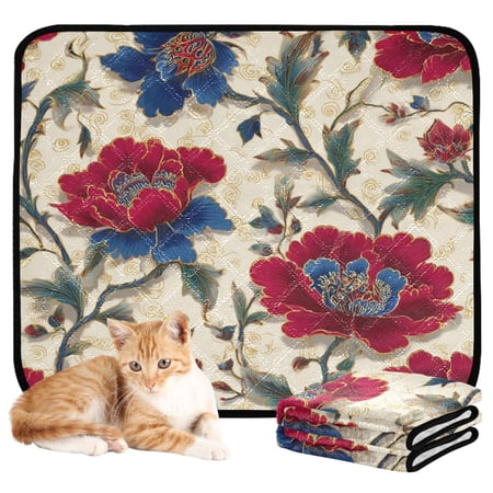 Washable Pet Pee Pads Soft Plush Absorbent Mat Non-Slip Floor Protector for for Dogs & Cats Red and Indigo Blue Flowers