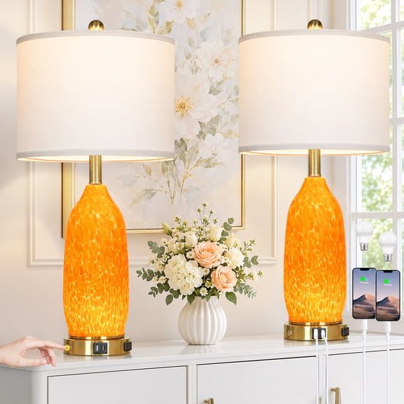 Lolikit Orange Glass Table Lamps 26" Modern 3 Way Dimmable Touch Control Bedside Lamp Set of 2 with USB A C Ports Night Light AC Outlets for Bedroom Living Room