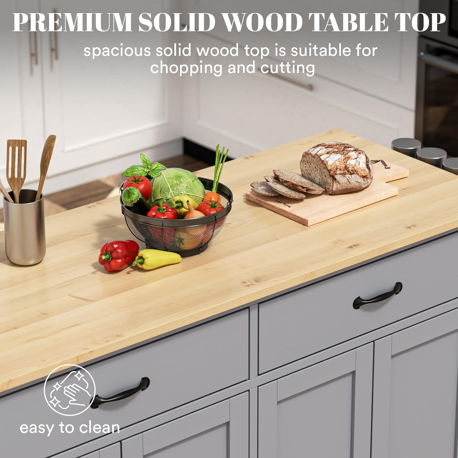 ZIVACATE Kitchen Island on Wheels 54in Rolling Cart with wood Top Spice Towel Rack Drawers, Grey