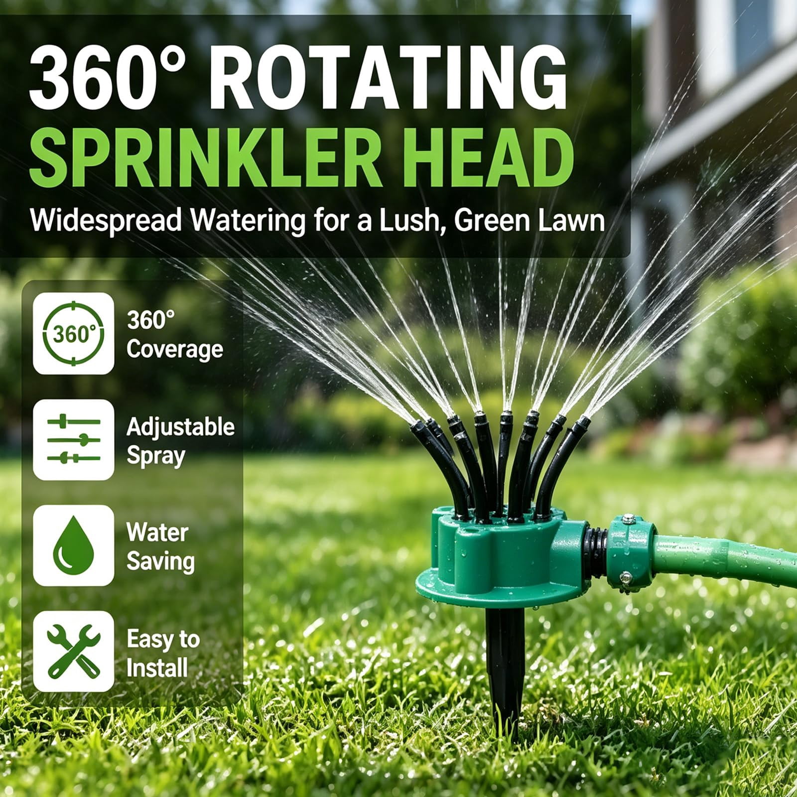 360° Coverage Precision Garden Irrigation Sprinkler, utomatic Rotating Lawn Sprinkler for Yard Large Area, Adjustable Water Saving System with Heavy Duty Spike Base for Grass