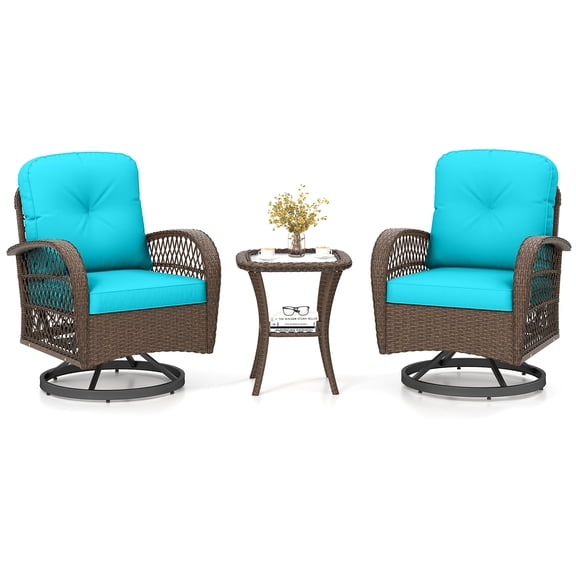 Gymax 3PCS Patio Swivel Rocker Set Gliding Bistro Furniture Set w/Tempered Glass Table Turquoise