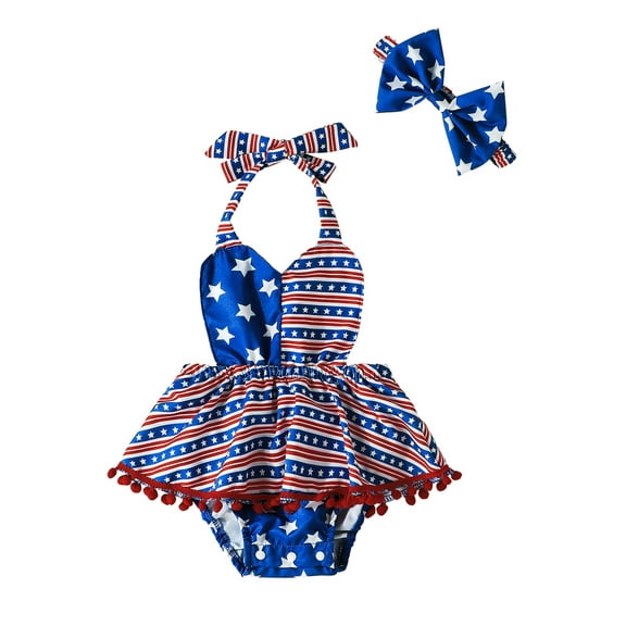 Baby Girl 4th of July Ruffled Romper American Flag Bodysuit Jumpsuit with Headband Independecen Day Outfit Set