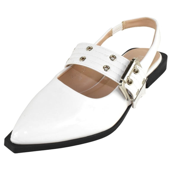 TOP MODA Women Pointed Toe Slingback Flats Elastic Ankle Strap Low Heel Dress Shoes Buckle Design ARTIST-1 White Patent 5.5