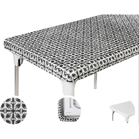 

4ft 48 x 24 inch Black Patterned Rectangle Picnic Table Cover Elastic TableCloth on the Corner for Folding Table Outdoor TableCloths Plastic Vinyl Waterproof Stay Put Party Birthday Home
