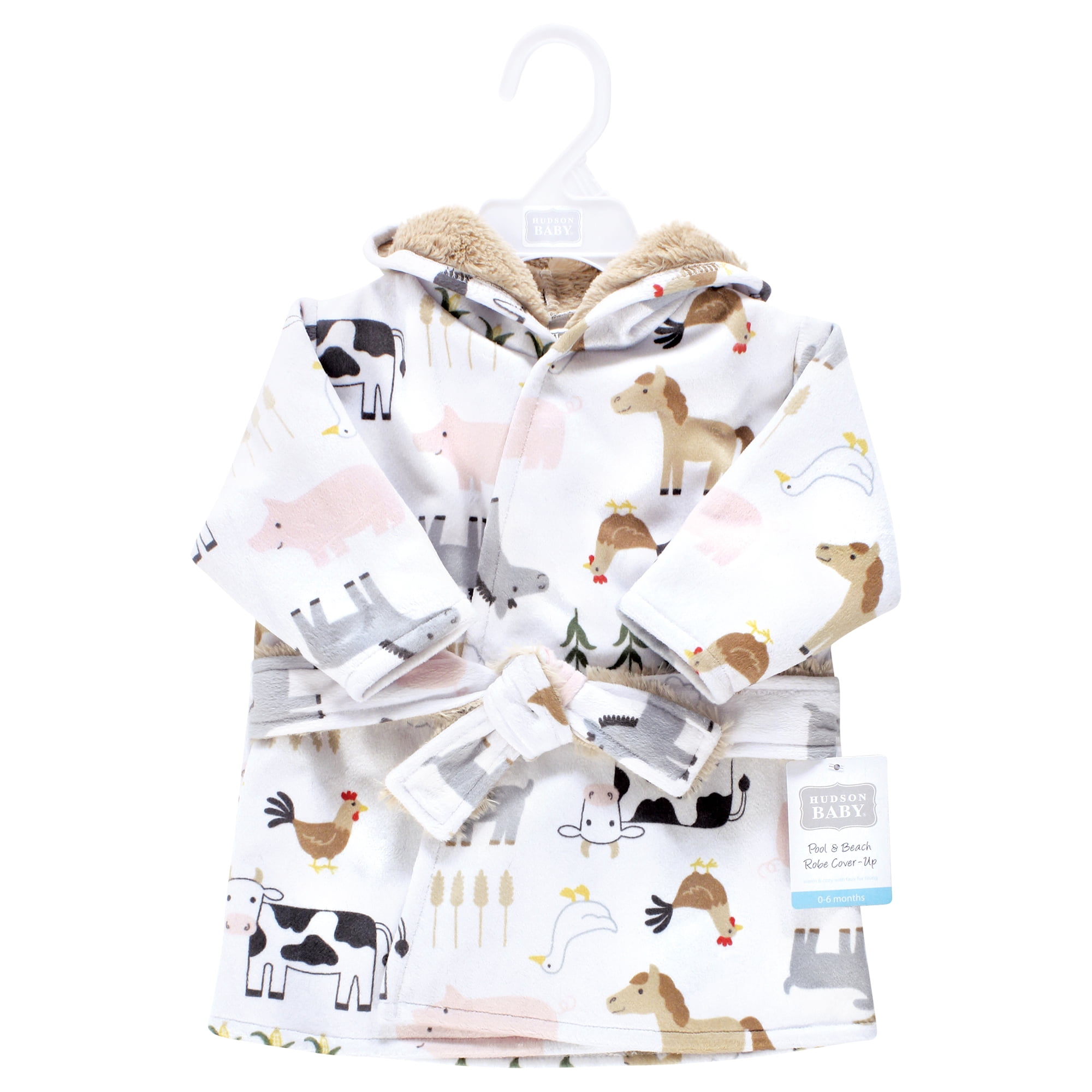 Hudson Baby Mink with Faux Fur Lining Pool and Beach Robe Cover-ups, Cute Farm, 0-6 Months