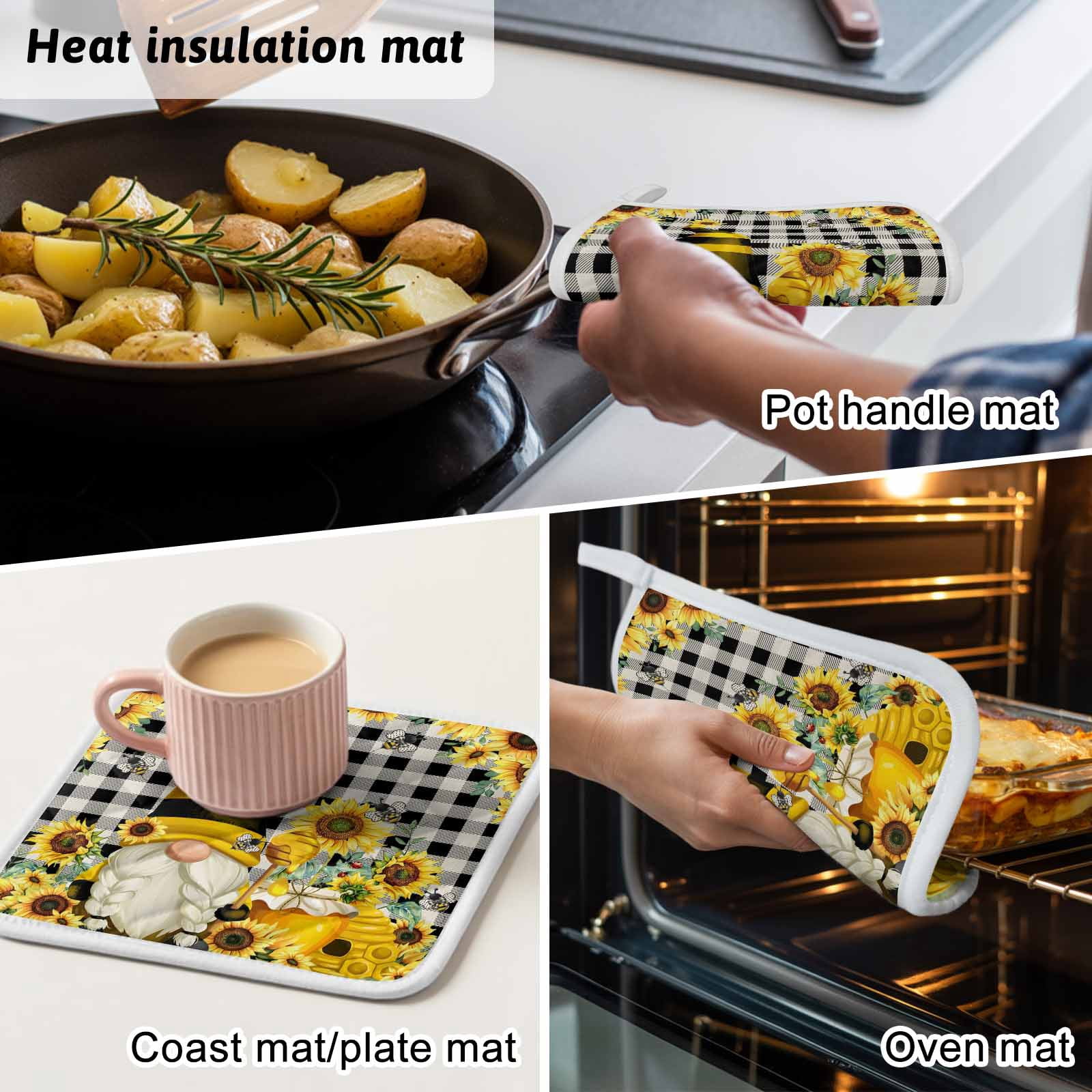 Yellow Sunflower Pot Holders for Kitchen Heatproof Potholder, 3 Pack Spring Summer Bee Gnomes Black Plaid Hot Pads Multipurpose Oven Pads Cloth Potholders Trivet for Cooking Baking